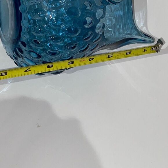 Blue Murano Hand Blown Thumbprint Art Glass Great Horned Glass Owl Vase Figurine - Picture 11 of 12